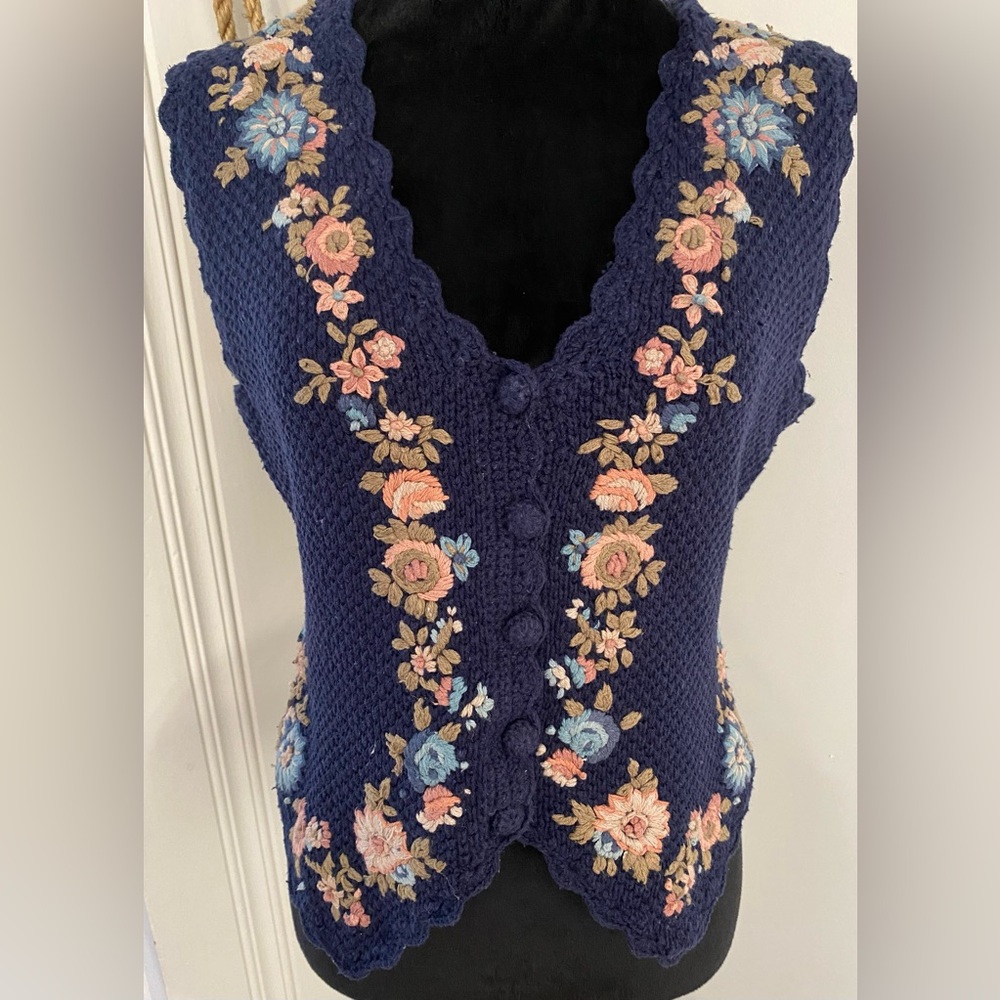 Vintage One Step Up Floral Embroidered Ramie Cotton Knit Vest Boho Cottagecore
